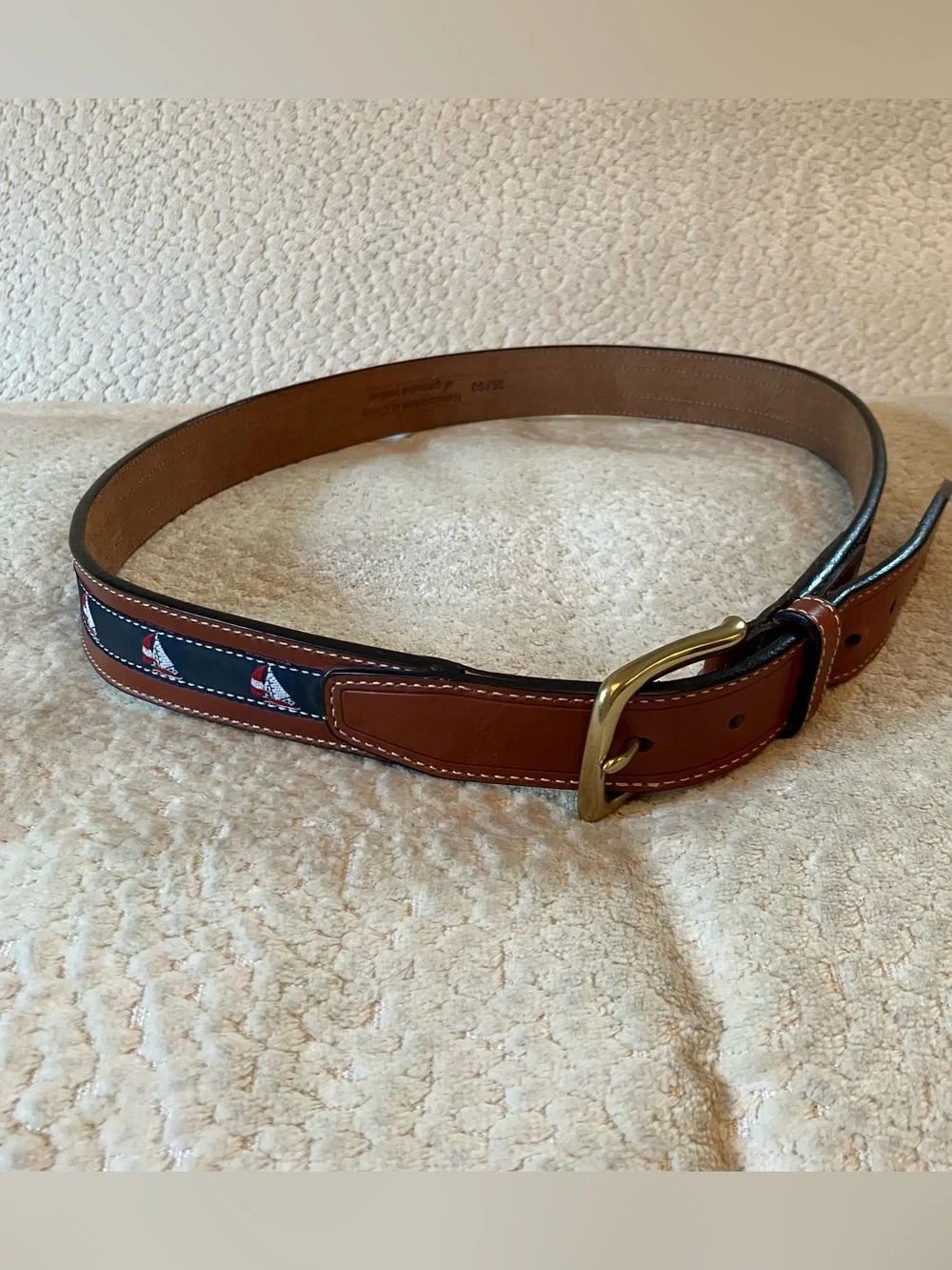 Men’s Navy Blue Sailboats Leather Canvas Belt Sz 36 Brass Golf Preppy Nautical